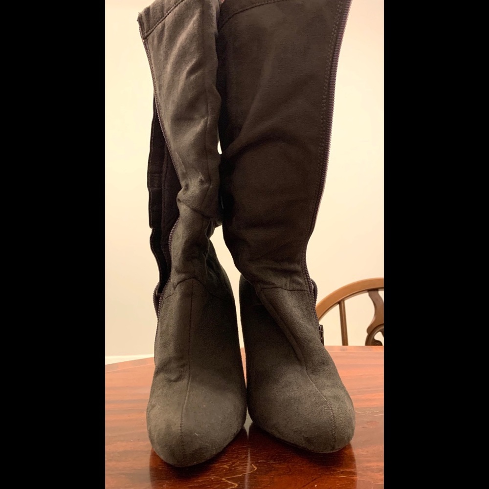 Gray suede mid-calf boots with heel